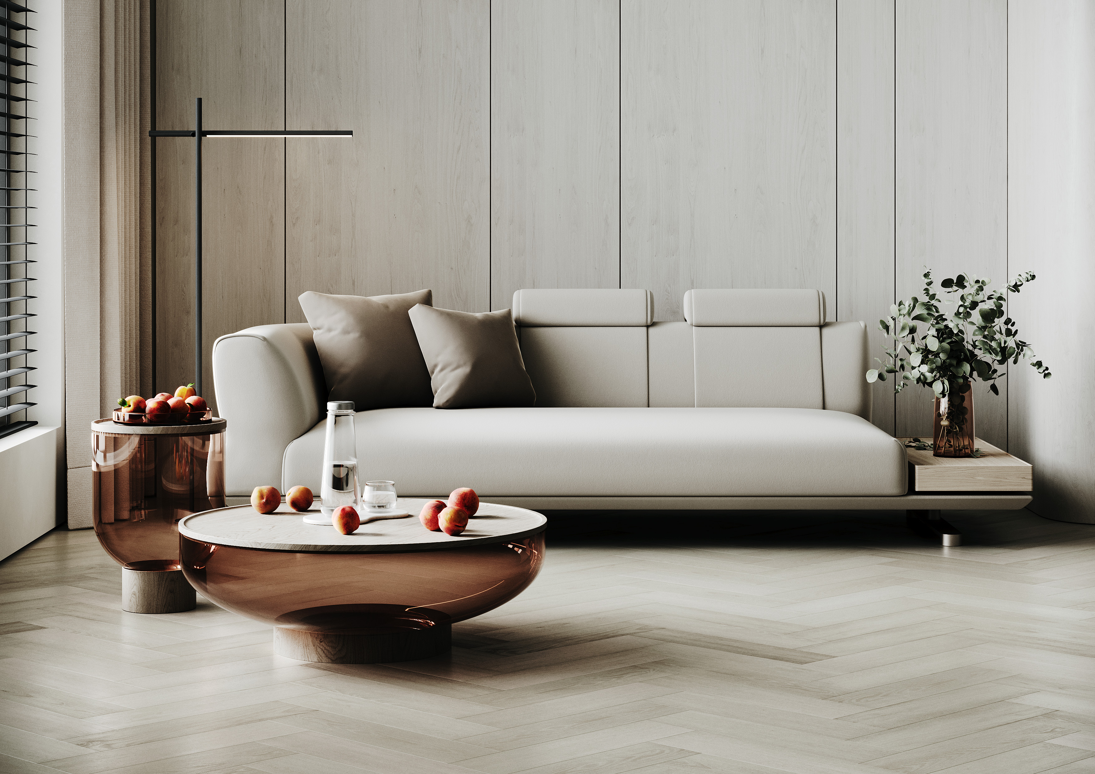 Кварцвиниловый SPC ламинат Home Expert Parquet Design Дуб Милкшейк 44-3002 венгерская елка 400×100×4,5 фото в интерьере